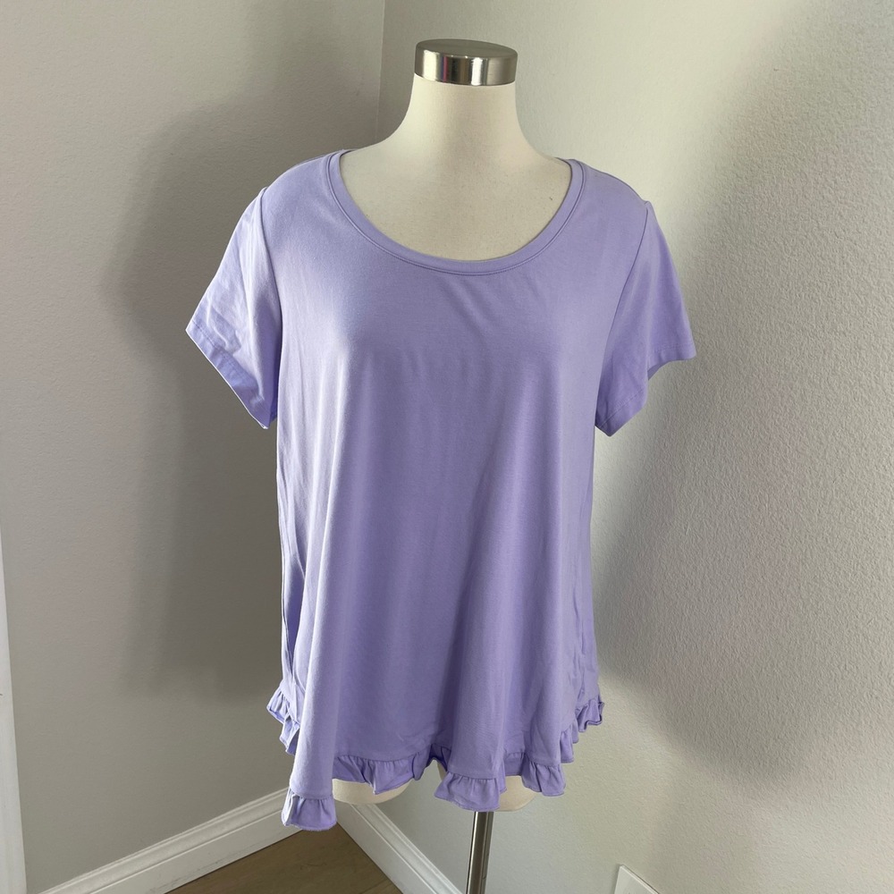 Isaac Mizrahi Live Womens Plus 1X Purple Short Sleeve Shirt Ruffle Hem Tunic Top